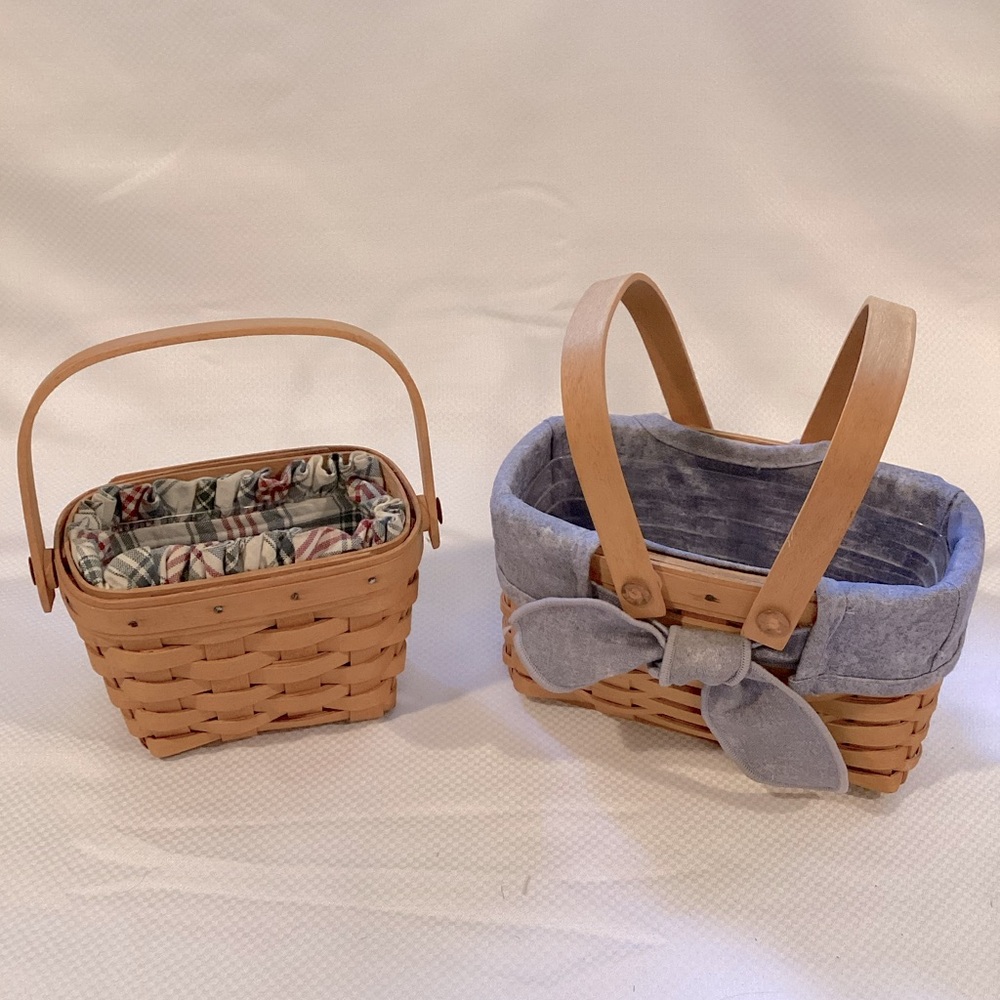 Vintage Lot of 2 Longaberger Lined Baskets with Plastic Protector Handwoven